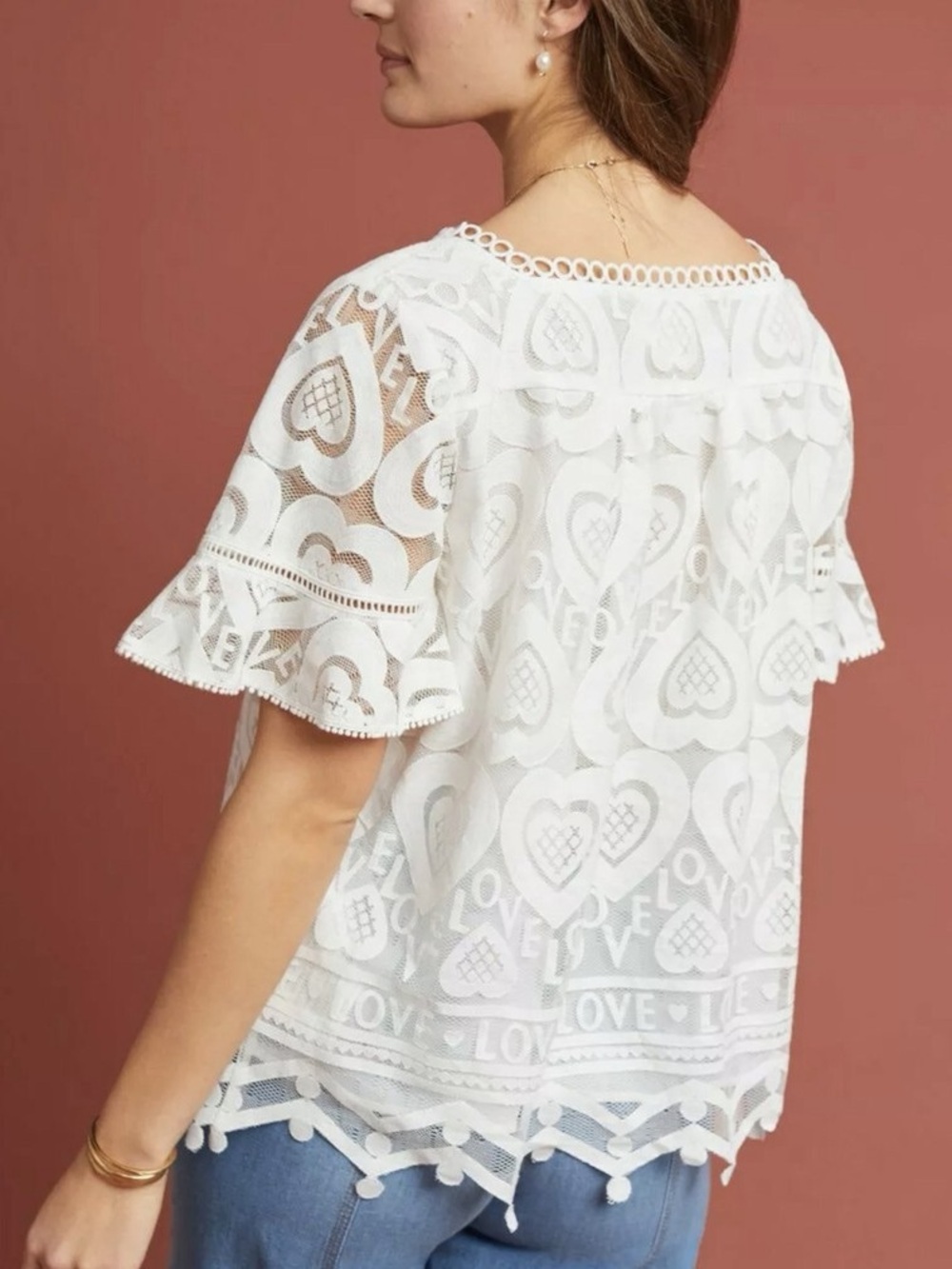 White Lace Heart Crochet Short Sleeve Top